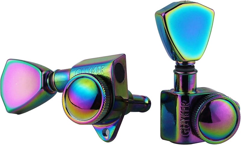 guyker Guitar Locking Tuners (3L + 3R) - 1:21 Models Rear Lock String Tuning Key Pegs Machine Head with Trapezium Handle Replacement for Electric, Folk or Acoustic Guitars - Chameleon Rainbow - Image 4