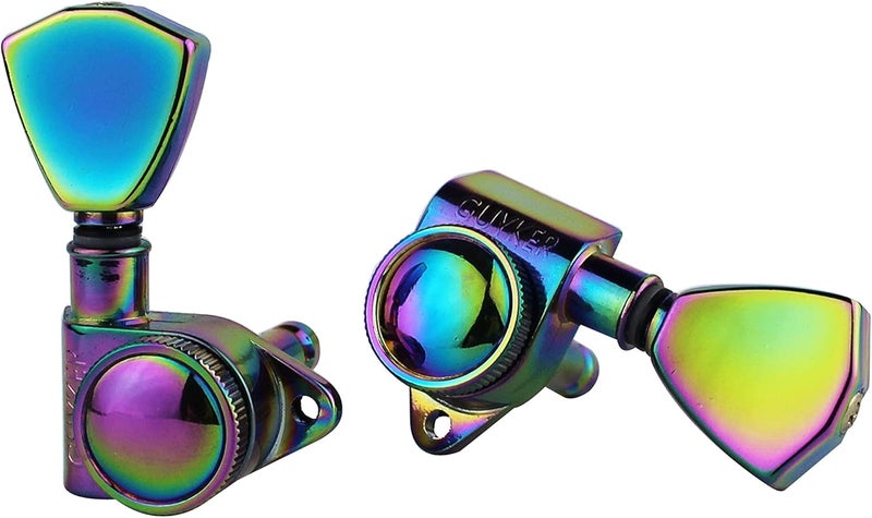 guyker Guitar Locking Tuners (3L + 3R) - 1:21 Models Rear Lock String Tuning Key Pegs Machine Head with Trapezium Handle Replacement for Electric, Folk or Acoustic Guitars - Chameleon Rainbow - Image 3
