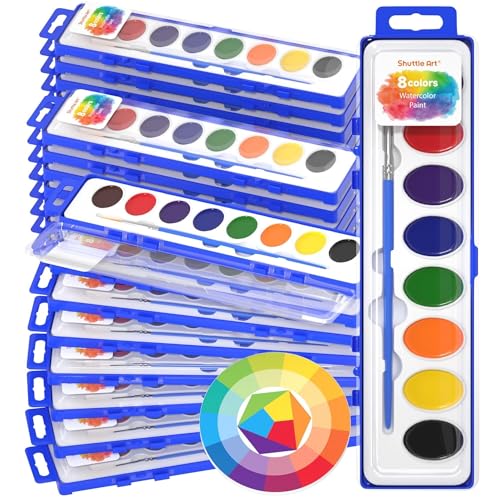 Shuttle Art 24 Pack Watercolor Paint Set 8 Colors with Paint Brushes Color Wheels Washable for Kids Adults Suitable for Classroom Parties Kindergarten Art Activities - Image 1