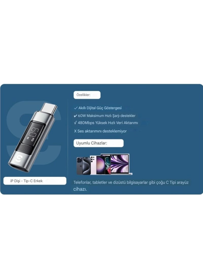 ESSAGER - Type-C To iPhone Lightning 60W Fast Adapter Converter Digital Display Latest Generation Technology - Image 1