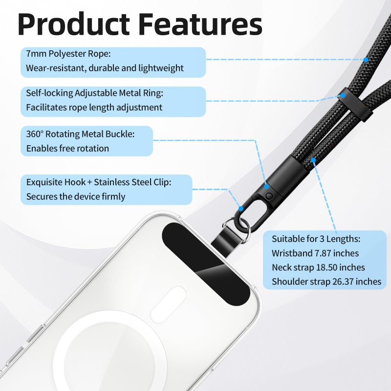 Yojaro 360Â° Rotatable Adjustable Phone Lanyard 3-Piece Set - Wrist/Neck/Crossbody Strap with Tether Tabs, Universal for Phones(Black) - Image 2