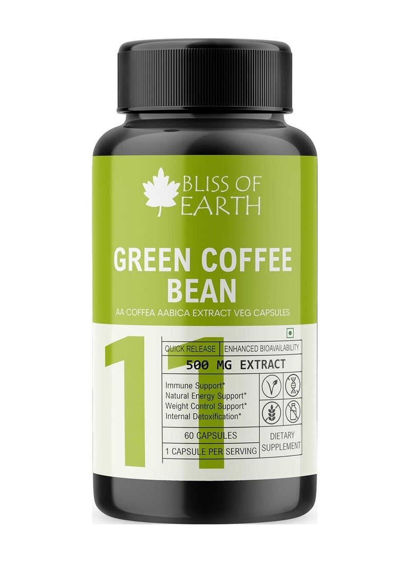 BLISS OF EARTH Bliss of Earth Pure Green Coffee Bean Extract Supplement, 60 Veg Capsules, Super Energizing 500mg High Potency Coffea Arabica Extract with 50% Chlorogenic Acid  - Image 1