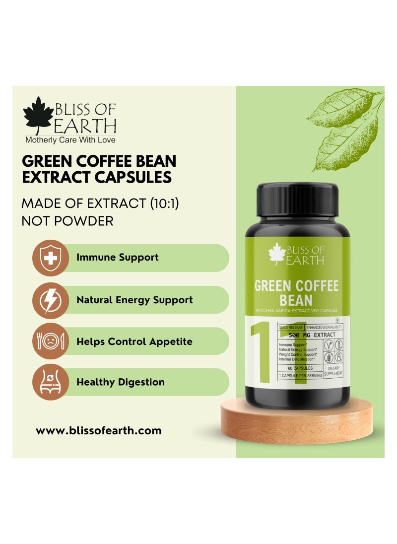 BLISS OF EARTH Bliss of Earth Pure Green Coffee Bean Extract Supplement, 60 Veg Capsules, Super Energizing 500mg High Potency Coffea Arabica Extract with 50% Chlorogenic Acid  - Image 2
