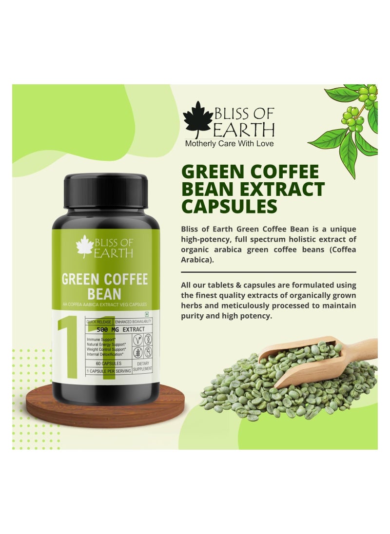 BLISS OF EARTH Bliss of Earth Pure Green Coffee Bean Extract Supplement, 60 Veg Capsules, Super Energizing 500mg High Potency Coffea Arabica Extract with 50% Chlorogenic Acid  - Image 3