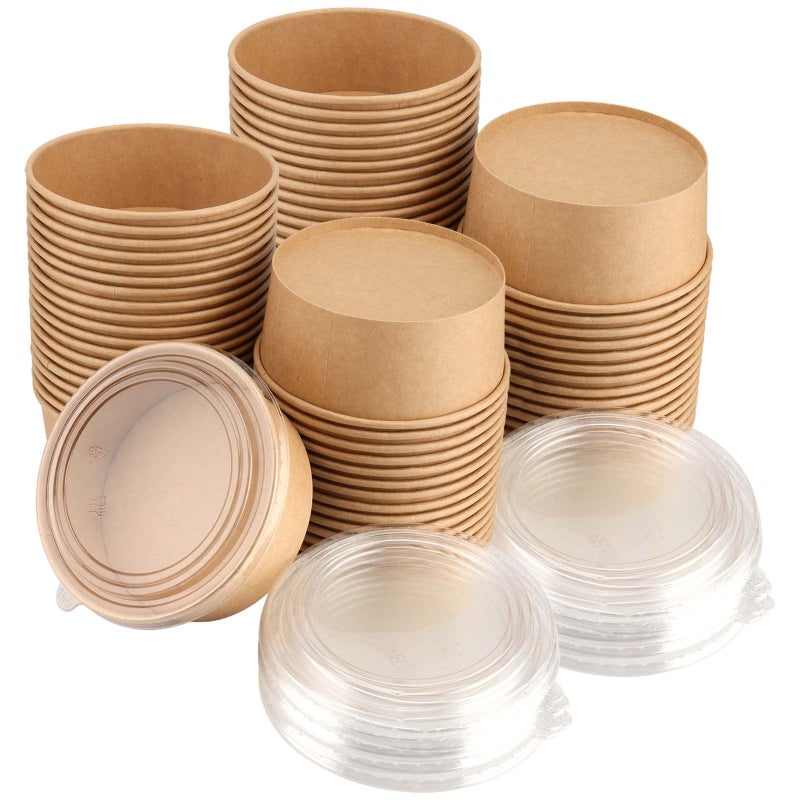 SINJEUN 60 قطعة 36 أونصة من وعاء الورق الكرافت مع غطاء شفاف وعاء حساء ورق بني وعاء سلطة ورق كرافت للمطبخ والحفلات والمطاعم والتخييم