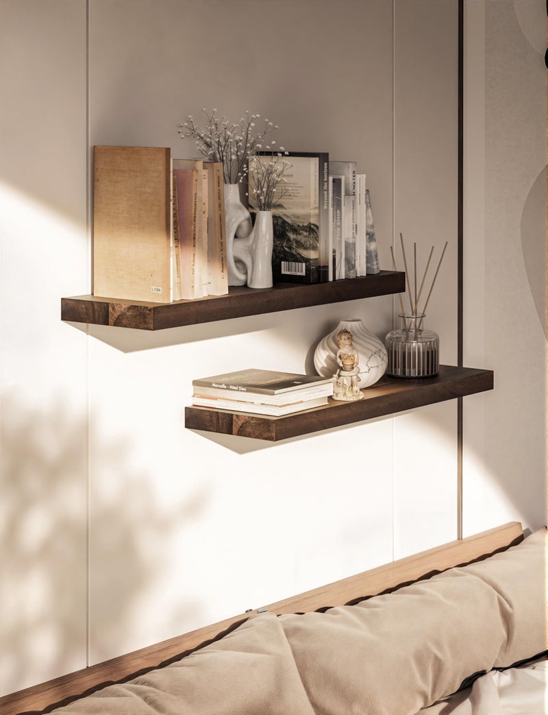 BATODA Set of 2 24" Acacia Floating Shelves for Wall â€“ Rustic Farmhouse Wood Floating Shelf - Book Shelf for Wall & House DÃ©cor - DIY Floating Book Shelves - with Brackets & Hardware (Walnut Color) - Image 4