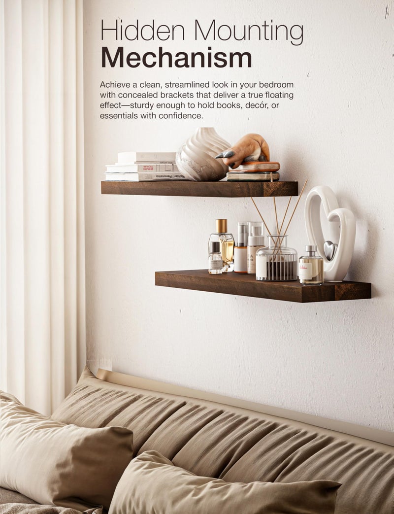 BATODA Set of 2 24" Acacia Floating Shelves for Wall â€“ Rustic Farmhouse Wood Floating Shelf - Book Shelf for Wall & House DÃ©cor - DIY Floating Book Shelves - with Brackets & Hardware (Walnut Color) - Image 5