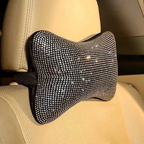 CARWALES وسادة رقبة سيارة 2 حزمة لمقعد القيادة وسادة رأس دعم الرقبة استرخاء كريستال ماسي داخلي إكسسوارات للبنات مريحة بيضاء - Image 2