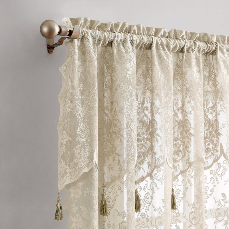 LinenZone Pair of 2 Lace Curtain Panels with Attached Valance and 6 Tassels. Sheer Lace Curtains for Living Room, Dining Room, Bedroom or Kitchen. Classic English Rose Design. (Luna 54 x 63, Linen) - Image 2