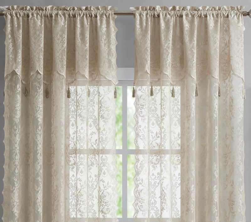 LinenZone Pair of 2 Lace Curtain Panels with Attached Valance and 6 Tassels. Sheer Lace Curtains for Living Room, Dining Room, Bedroom or Kitchen. Classic English Rose Design. (Luna 54 x 63, Linen) - Image 3