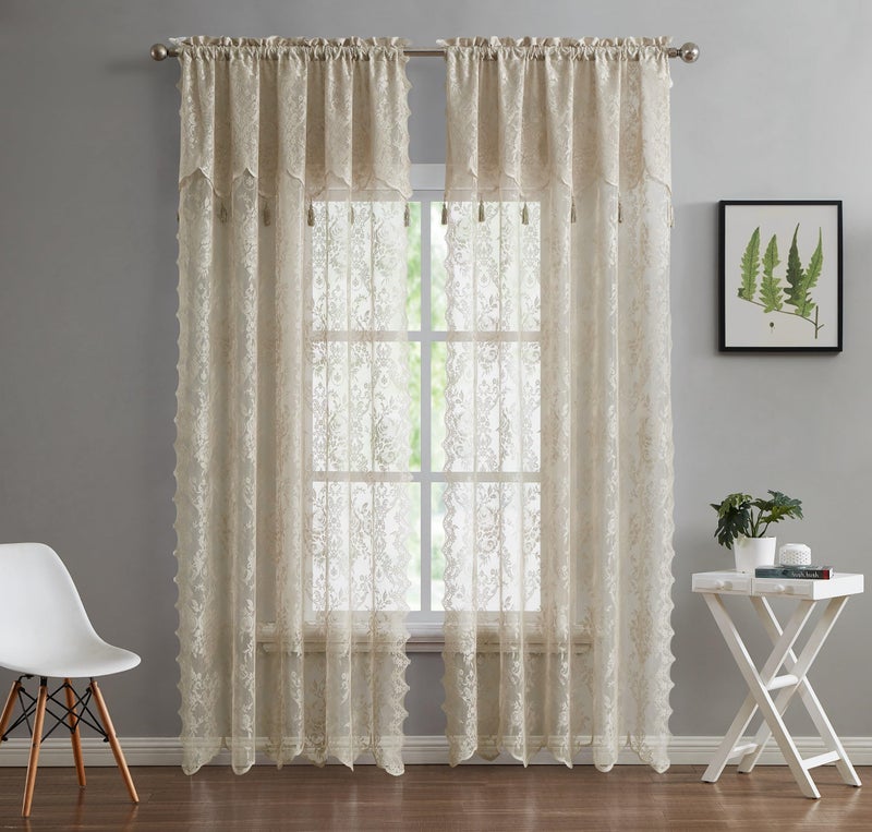 LinenZone Pair of 2 Lace Curtain Panels with Attached Valance and 6 Tassels. Sheer Lace Curtains for Living Room, Dining Room, Bedroom or Kitchen. Classic English Rose Design. (Luna 54 x 63, Linen) - Image 1