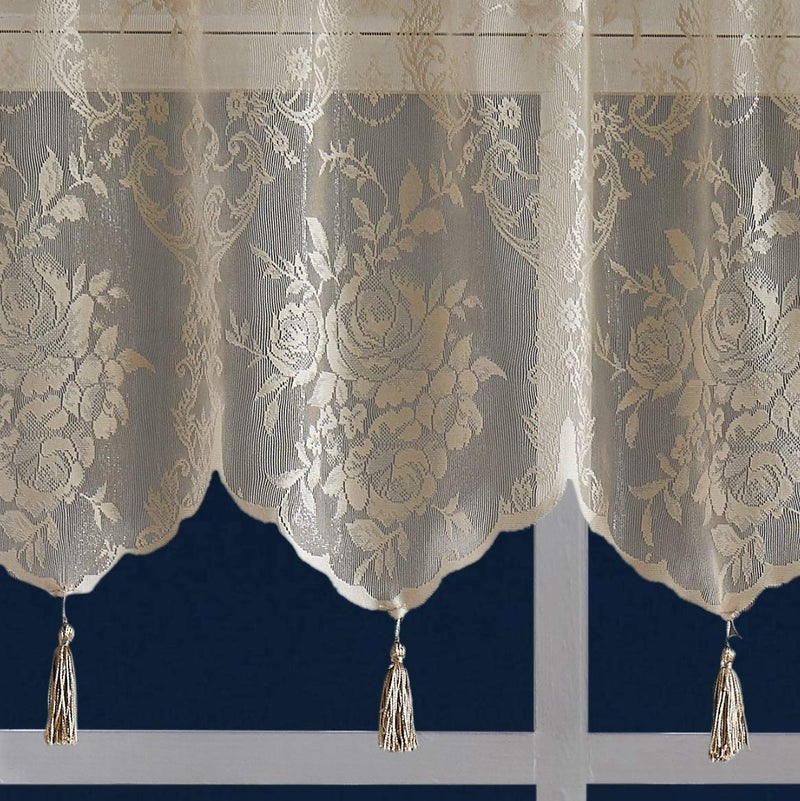 LinenZone Pair of 2 Lace Curtain Panels with Attached Valance and 6 Tassels. Sheer Lace Curtains for Living Room, Dining Room, Bedroom or Kitchen. Classic English Rose Design. (Luna 54 x 63, Linen) - Image 4