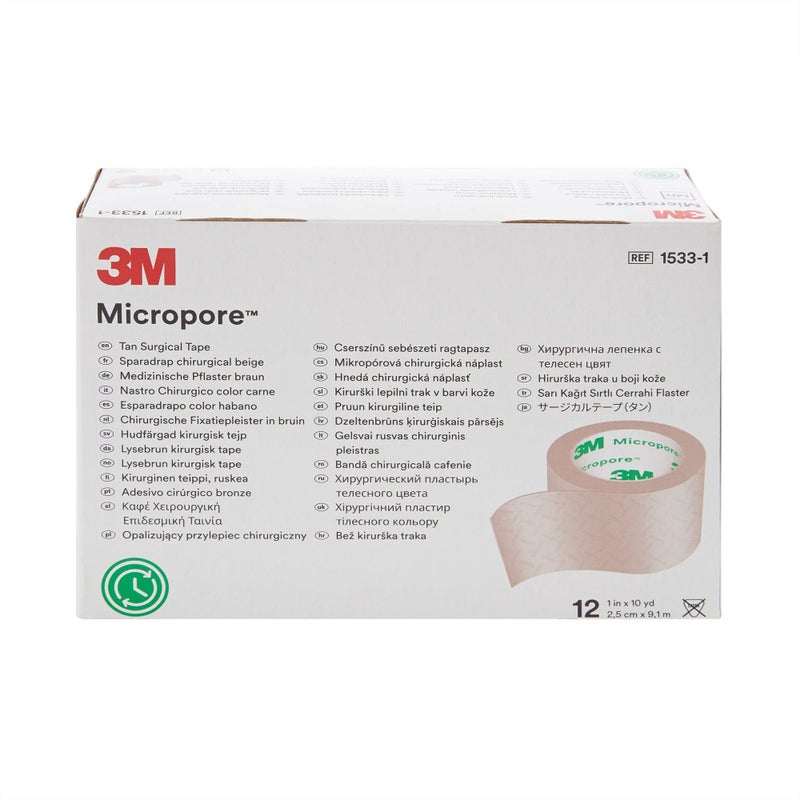 Micropore 3M Microfoam Surgical Tape, Non-Sterile, Easy Tear Paper, Tan, 1 in x 10 yds, 12 Count - Image 2