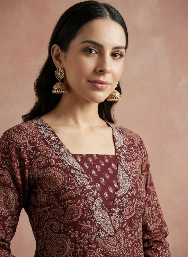 Yuris Women Burdundy Printed Kurta Set With Highlighted Yoke, Bottom & Dupatta