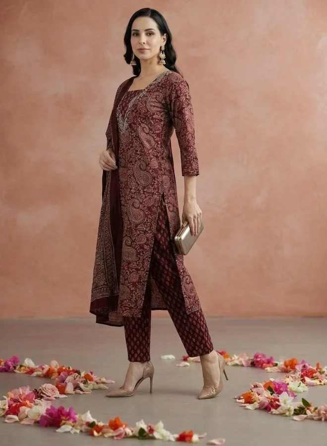 Yuris  Women Burdundy Printed Kurta Set With Highlighted Yoke, Bottom & Dupatta for Women | Best Price UAE