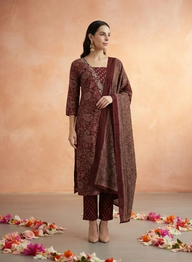Yuris  Women Burdundy Printed Kurta Set With Highlighted Yoke, Bottom & Dupatta for Women | Best Price UAE