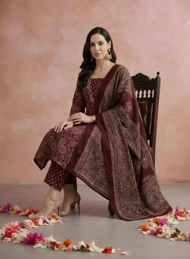 Yuris  Women Burdundy Printed Kurta Set With Highlighted Yoke, Bottom & Dupatta for Women | Best Price UAE