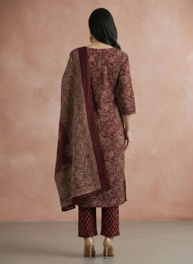 Yuris  Women Burdundy Printed Kurta Set With Highlighted Yoke, Bottom & Dupatta for Women | Best Price UAE