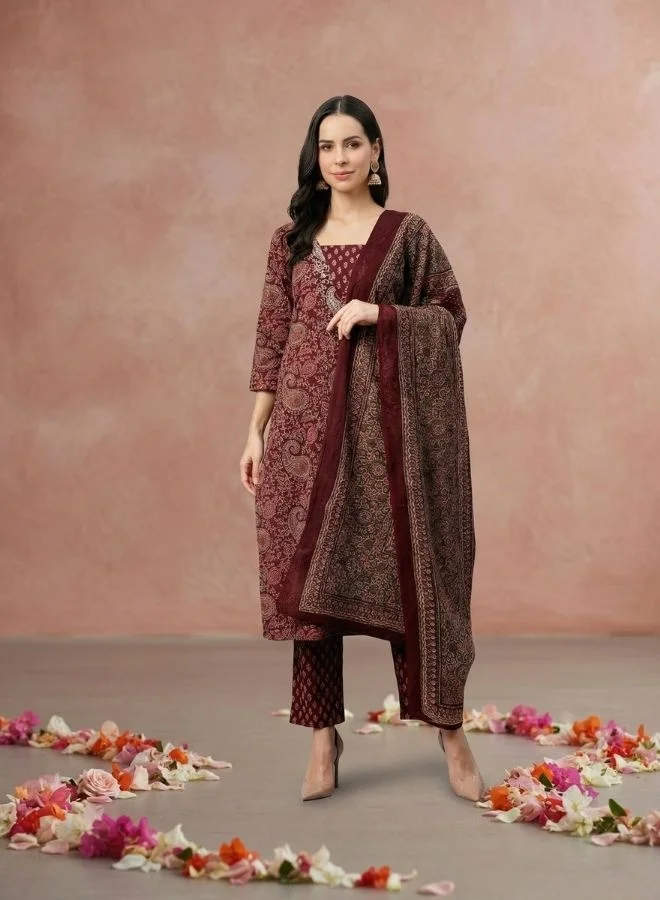 Yuris Women Burdundy Printed Kurta Set With Highlighted Yoke, Bottom & Dupatta
