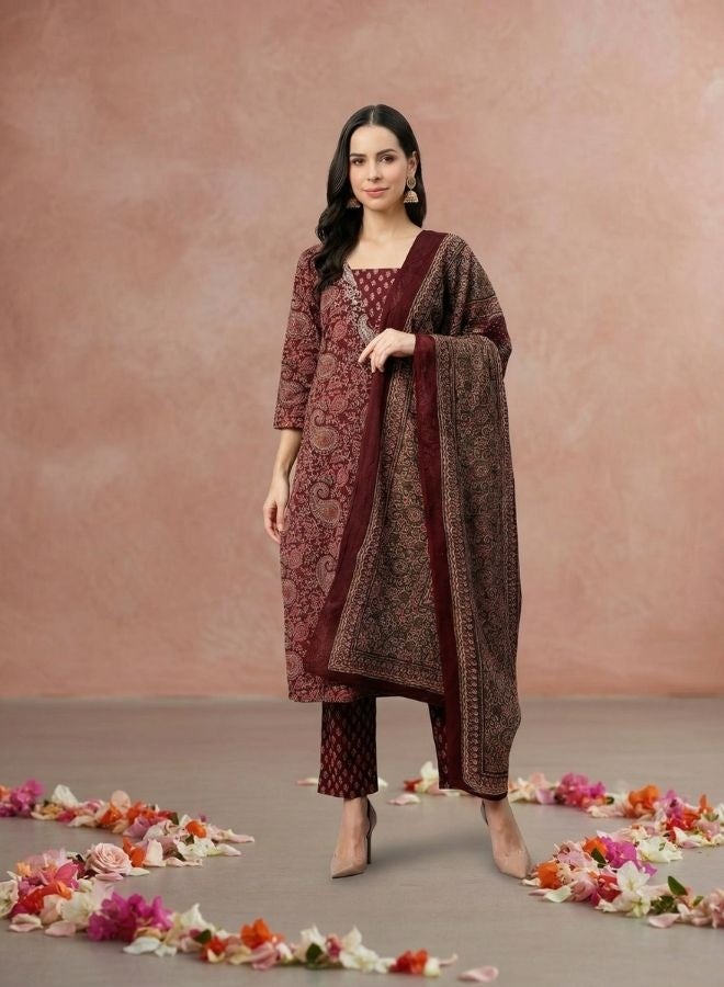 Yuris Women Burdundy Printed Kurta Set With Highlighted Yoke, Bottom & Dupatta - Image 1