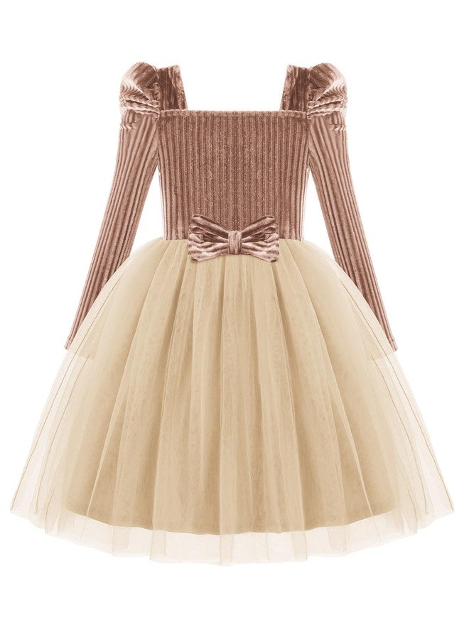 Arshiner فستان توتو للبنات من أرشينر مع طيات على الكتف، خصر مرن، فستان شبه رسمي بلون الشمبانيا لحفلات الزفاف 5-6 سنوات - Image 1