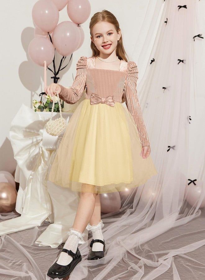 Arshiner فستان توتو للبنات من أرشينر مع طيات على الكتف، خصر مرن، فستان شبه رسمي بلون الشمبانيا لحفلات الزفاف 5-6 سنوات - Image 3