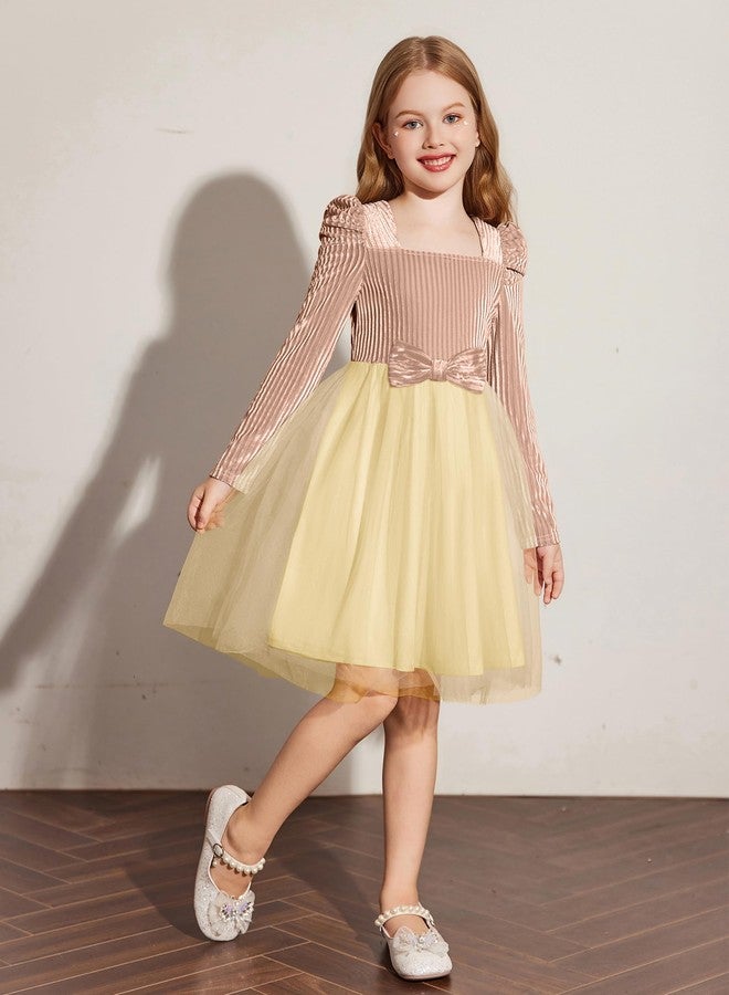 Arshiner فستان توتو للبنات من أرشينر مع طيات على الكتف، خصر مرن، فستان شبه رسمي بلون الشمبانيا لحفلات الزفاف 5-6 سنوات - Image 4