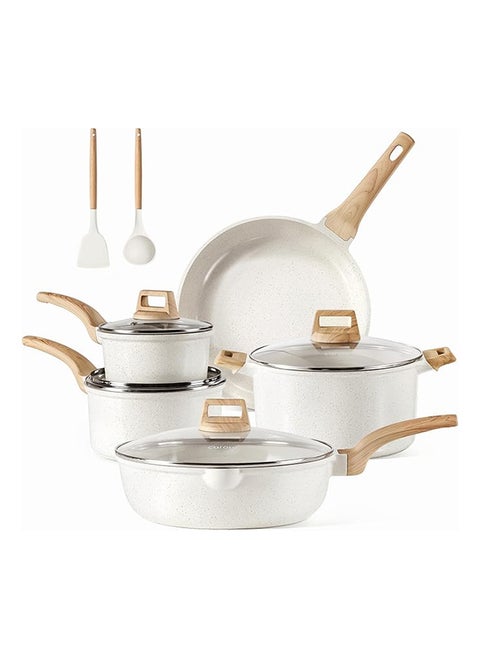 11 Piece Aluminum Non-stick Cookware Set Pots and Pans with wooden handles, 1X16cm Saucepan with Lid, 1X20cm Saucepan with Lid, 1X26cm Casserole With Lid, 1X28cm Frypan, 1X28cm Deep Frypan with Lid, 1x Turner, 1x Laddle, Ice Cream