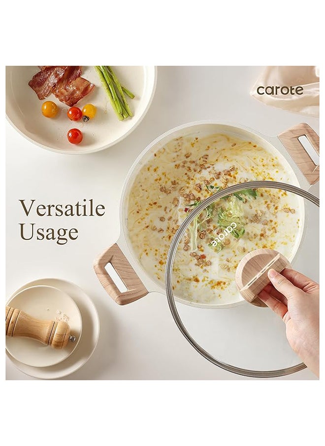 11 Piece Aluminum Non-stick Cookware Set Pots and Pans with wooden handles, 1X16cm Saucepan with Lid, 1X20cm Saucepan with Lid, 1X26cm Casserole With Lid, 1X28cm Frypan, 1X28cm Deep Frypan with Lid, 1x Turner, 1x Laddle, Ice Cream