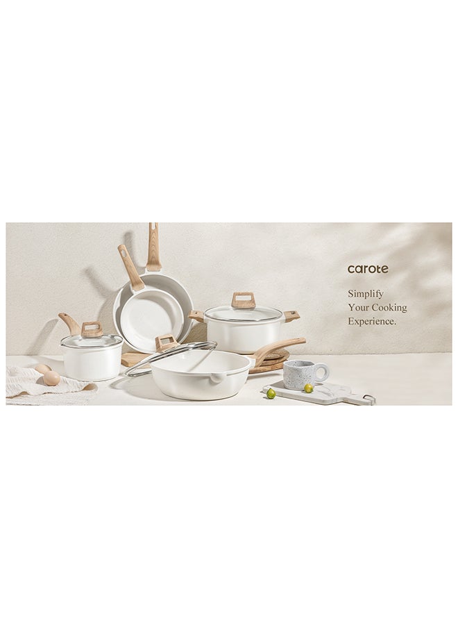11 Piece Aluminum Non-stick Cookware Set Pots and Pans with wooden handles, 1X16cm Saucepan with Lid, 1X20cm Saucepan with Lid, 1X26cm Casserole With Lid, 1X28cm Frypan, 1X28cm Deep Frypan with Lid, 1x Turner, 1x Laddle, Ice Cream