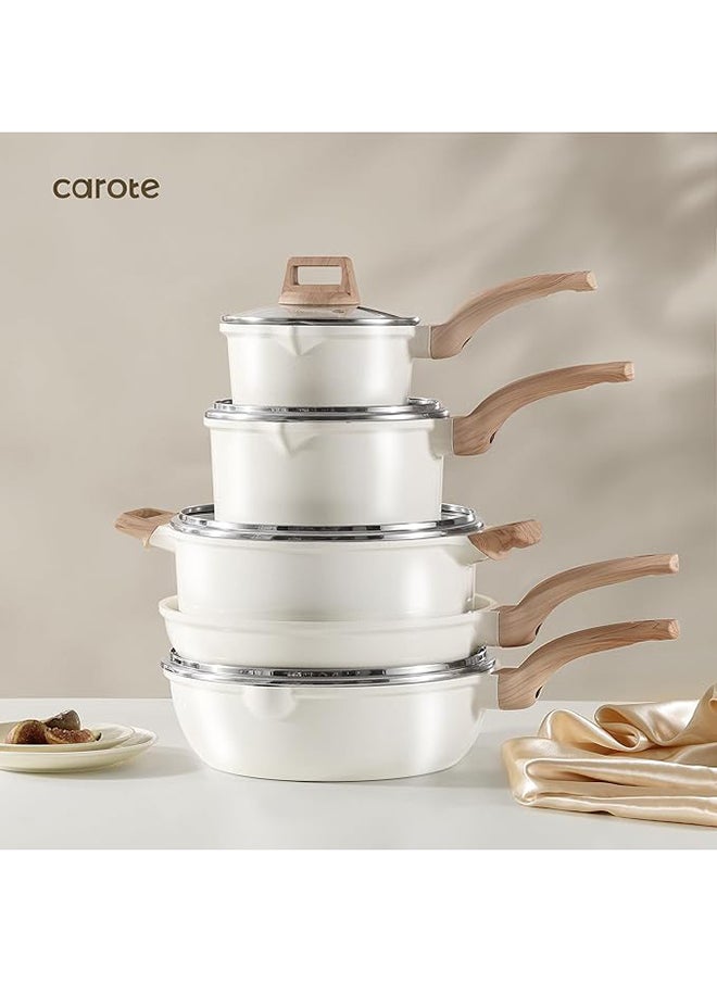 11 Piece Aluminum Non-stick Cookware Set Pots and Pans with wooden handles, 1X16cm Saucepan with Lid, 1X20cm Saucepan with Lid, 1X26cm Casserole With Lid, 1X28cm Frypan, 1X28cm Deep Frypan with Lid, 1x Turner, 1x Laddle, Ice Cream