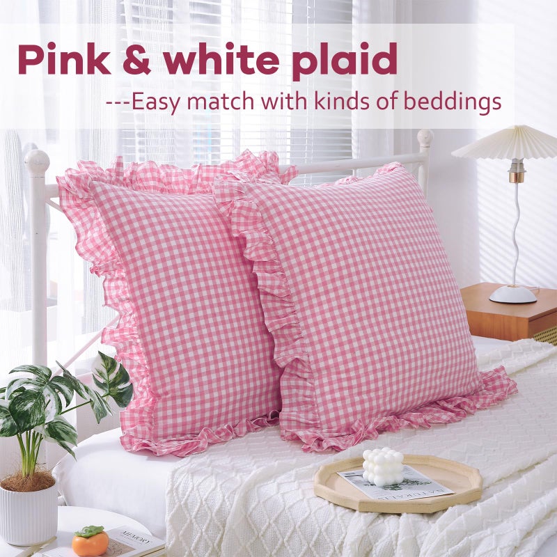 K MASANIJI K MASANIJI 2 Pack Pink Plaid Ruffle Euro Pillow Shams 26x26 inches  Washed Cotton Pink and White Checkered Farmhouse Shabby and Chic Pillow Covers for Bed/Sofa (26x26 inches  Pink/White Plaid)  - Image 2