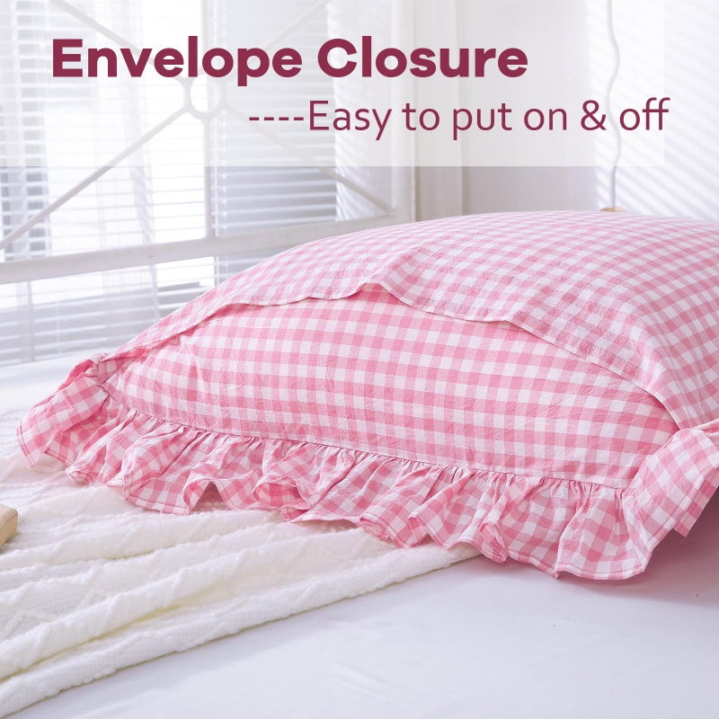 K MASANIJI K MASANIJI 2 Pack Pink Plaid Ruffle Euro Pillow Shams 26x26 inches  Washed Cotton Pink and White Checkered Farmhouse Shabby and Chic Pillow Covers for Bed/Sofa (26x26 inches  Pink/White Plaid)  - Image 4