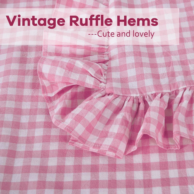 K MASANIJI K MASANIJI 2 Pack Pink Plaid Ruffle Euro Pillow Shams 26x26 inches  Washed Cotton Pink and White Checkered Farmhouse Shabby and Chic Pillow Covers for Bed/Sofa (26x26 inches  Pink/White Plaid)  - Image 5