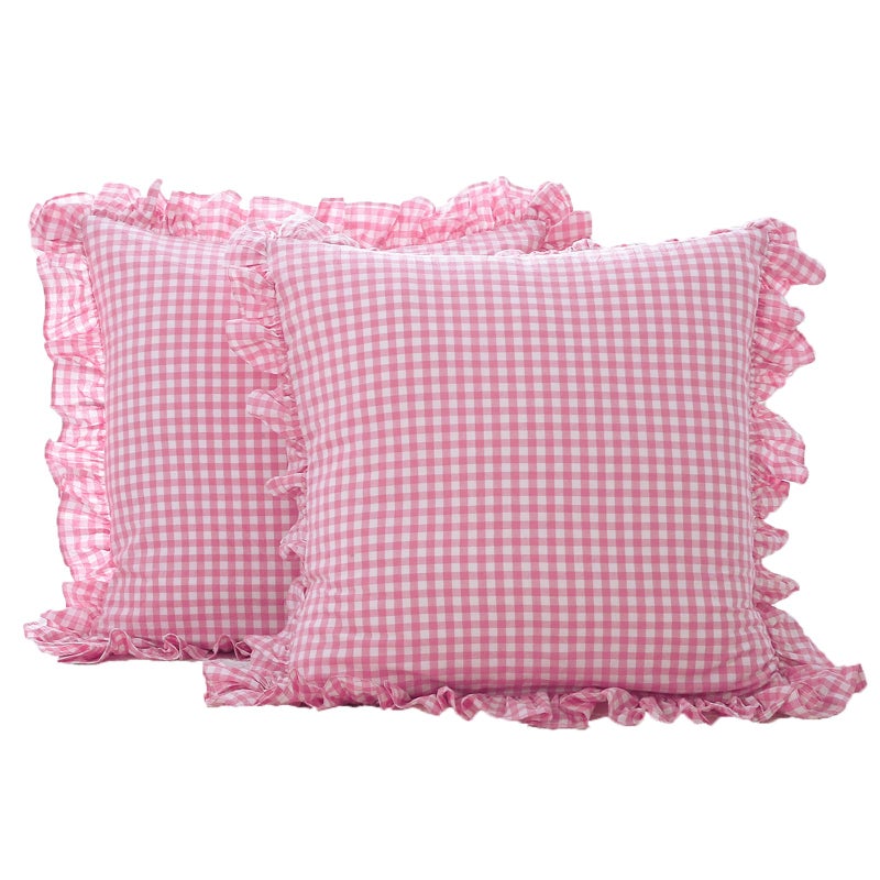 K MASANIJI K MASANIJI 2 Pack Pink Plaid Ruffle Euro Pillow Shams 26x26 inches  Washed Cotton Pink and White Checkered Farmhouse Shabby and Chic Pillow Covers for Bed/Sofa (26x26 inches  Pink/White Plaid)  - Image 1