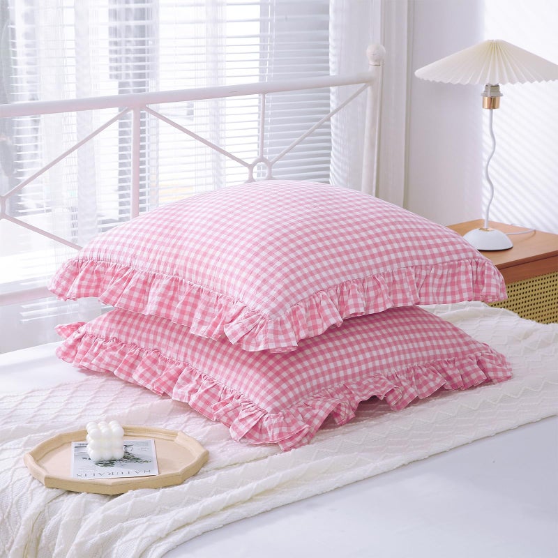 K MASANIJI K MASANIJI 2 Pack Pink Plaid Ruffle Euro Pillow Shams 26x26 inches  Washed Cotton Pink and White Checkered Farmhouse Shabby and Chic Pillow Covers for Bed/Sofa (26x26 inches  Pink/White Plaid)  - Image 3