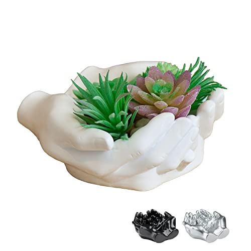 Tapeera Hand Shaped Succulent Planter Pot - Crystal Holder Display - Air Plant Holder Hand Planter - Giving Hands Sculpture Decor - Key Bowl Ring Dish Trinket Dish Candy Dish - Candle Holder (White) - Image 1