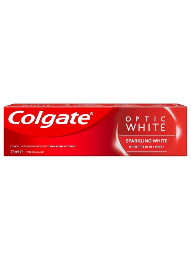 كولجيت معجون أسنان كولجيت أوبتيك وايت سباركلينج وايت، 75 مل، أسنان أكثر بياضًا في أسبوع واحد، بنكهة النعناع الفوارة - Image 1