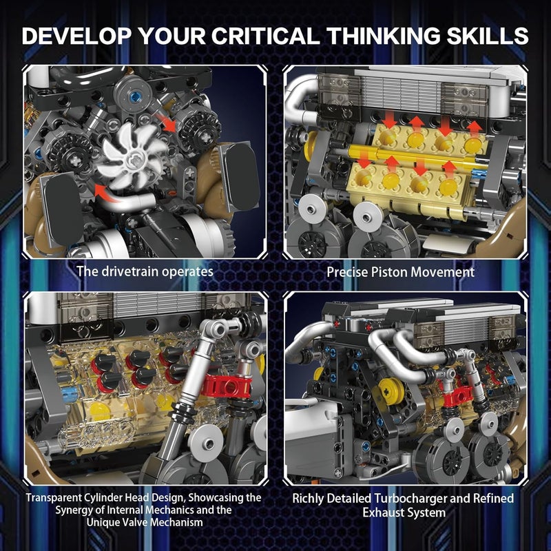 mould king 10131 W16 Engine Building Blocks Sets That Run,Physical Science Experiment Models for Teens, 16-Cylinder Car Engine Building Engineering Toys for Kids/Adults Collections(952+PCS) - Image 5