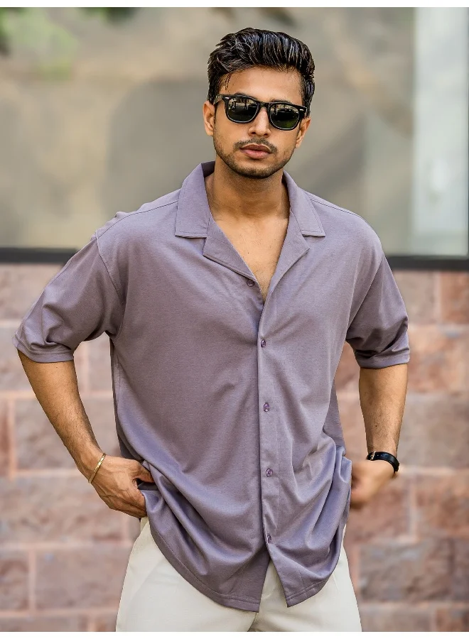 مانياك قميص رجالي قطن مخلوط بلون ليلاك وياقة ثابتة ونصف كم