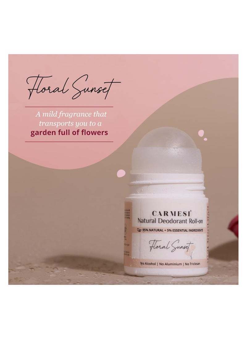 CARMESI - Carmesi Natural Deodorant Roll-on for Women | 95% Natural + 5% Essential Ingredients | For Fresh Underarms All Day | No Aluminium | No Triclosan | Floral Sunset | 50 ml - Image 1
