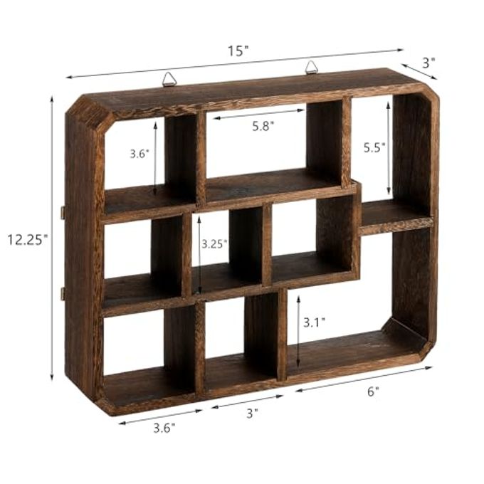 Frcctre Rustic Shadow Box Display Shelf, 9 Compartments Wood Hanging Display Floating Shelves, Multi-Slot Wall Mounted or Freestanding Farmhouse Decor Displays Case - Image 2