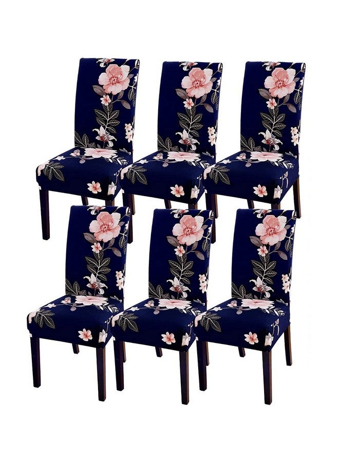Styleys Polyester Floral Washable Elastic Dining Chair Cover Slipcovers (Set of 6, Flower in Dark Blue, SLMC167) - Image 1