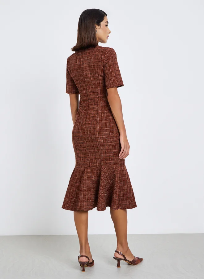 Styli brown Tweed Short Sleeves Mermaid hem Midi Dress for Women | Best Price UAE