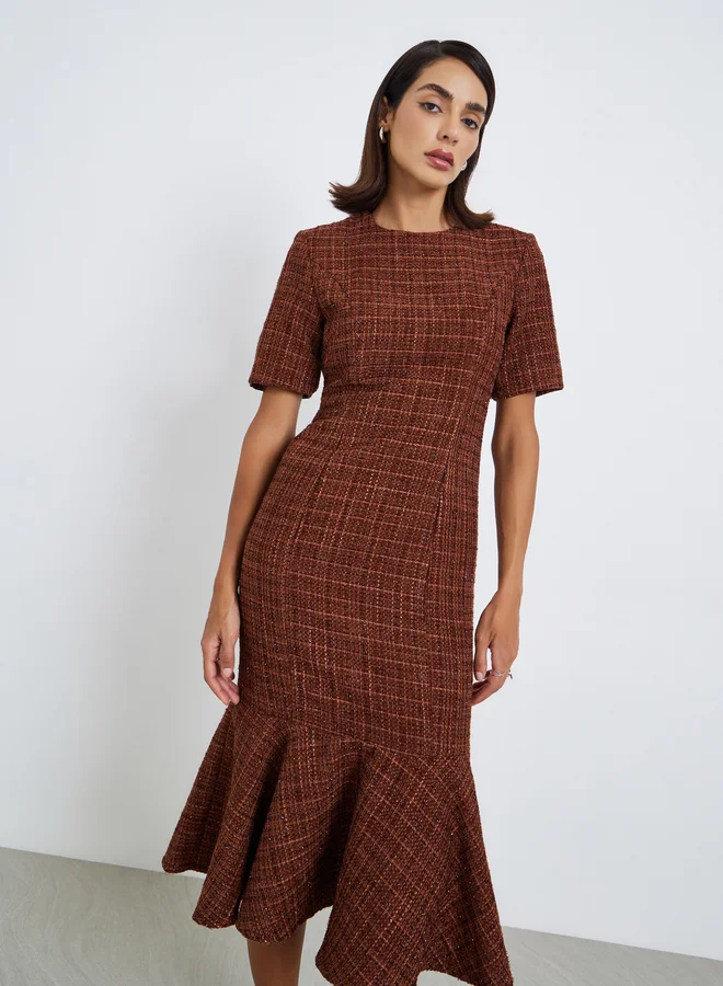 Styli brown Tweed Short Sleeves Mermaid hem Midi Dress for Women | Best Price UAE