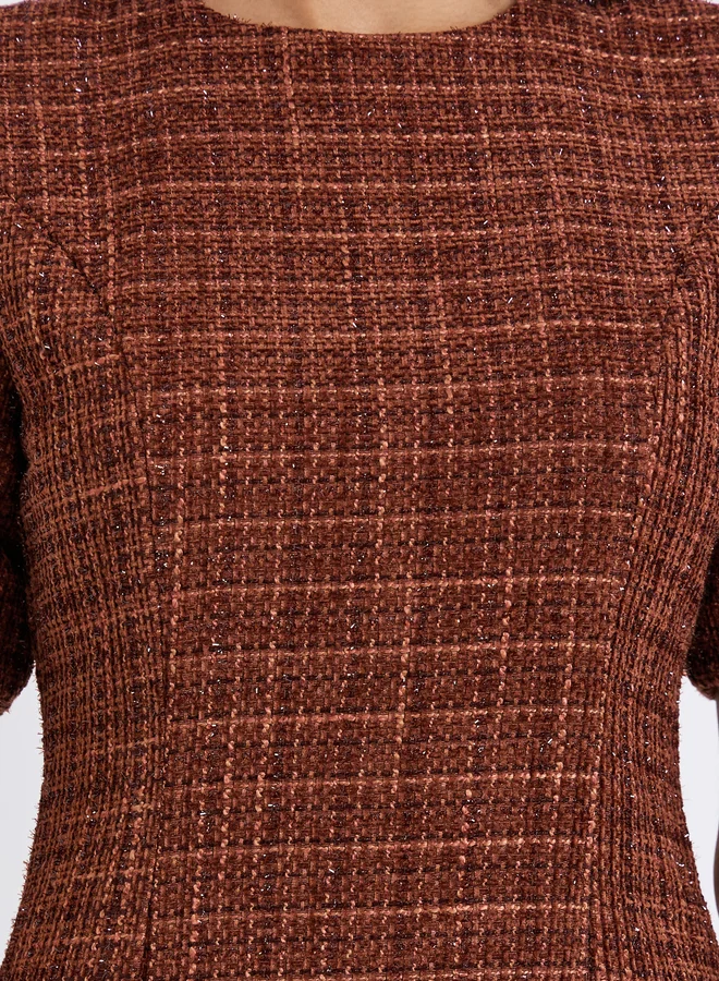 Styli brown Tweed Short Sleeves Mermaid hem Midi Dress for Women | Best Price UAE