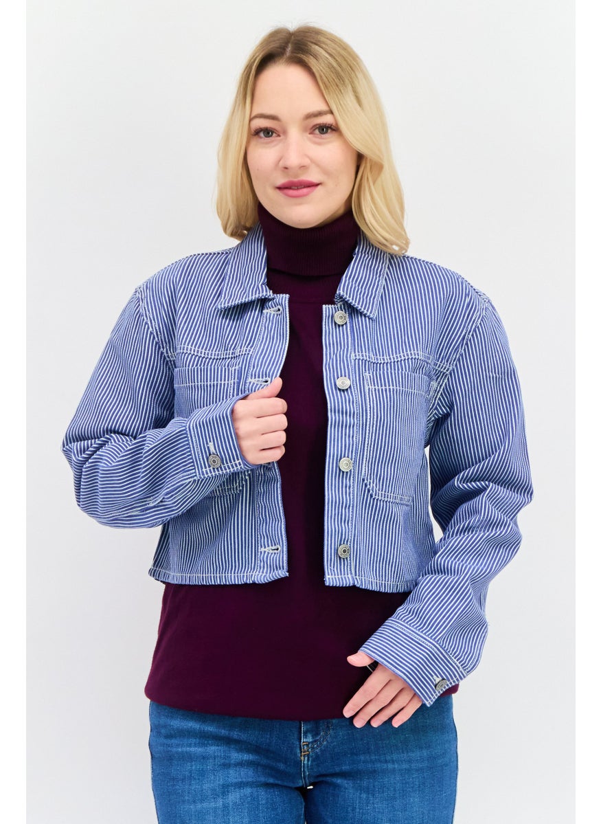 Women Stripe Denim Jacket, Blue - pzsku/ZBB9AC81BE3089DF78F7FZ/45/_/1737642363/b58a73a9-572f-4633-a6f4-55ebea72b809