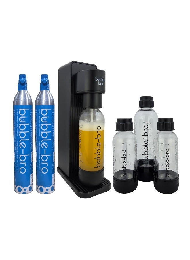 bubble-bro Versa Soda Maker Family Pack - with 2 x 60L CO2 Cylinders, 1 x additional 1L bottle & 2 x 500ml bottles - carbonate any drink (Black) - Image 1