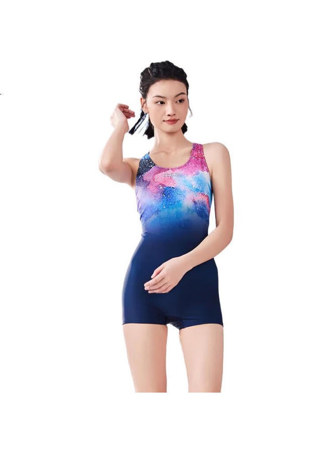 Zoke Women's One-piece Square Leg Racing Swimsuit Professional Sports Compeion Training Spa 125501426 Deep Blue Nebula Flower XL - Image 2