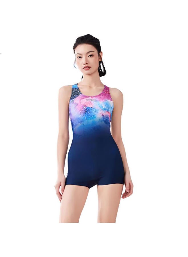 Zoke Women's One-piece Square Leg Racing Swimsuit Professional Sports Compeion Training Spa 125501426 Deep Blue Nebula Flower XL - Image 3